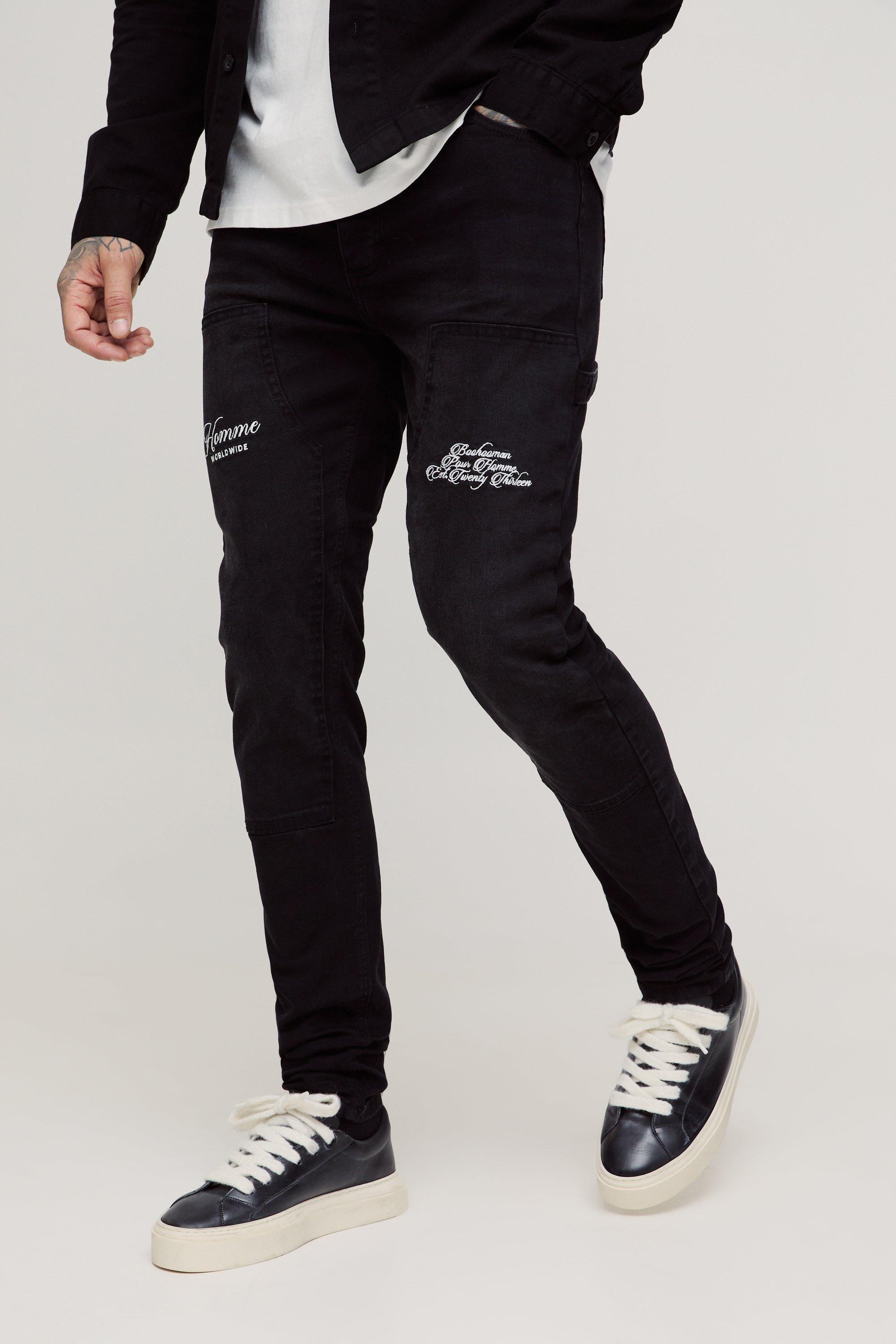Mens Black Tall Heavyweight Skinny Fit Embroidered Carpenter Trousers, Black